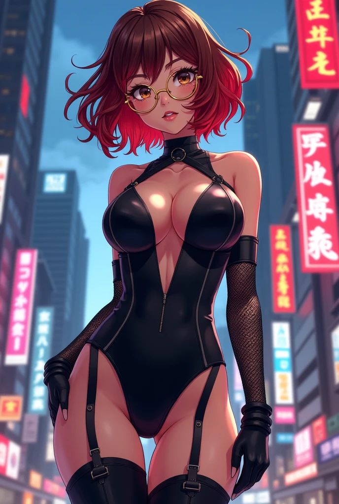 Anime style woman, short wavy hair in two tones (red on top and brown on the bottom) I'm wearing a black, tight-fitting heroine costume that's open at the chest., with high boots, and large breasts and wears round golden glasses, with brown eyes and lace gloves