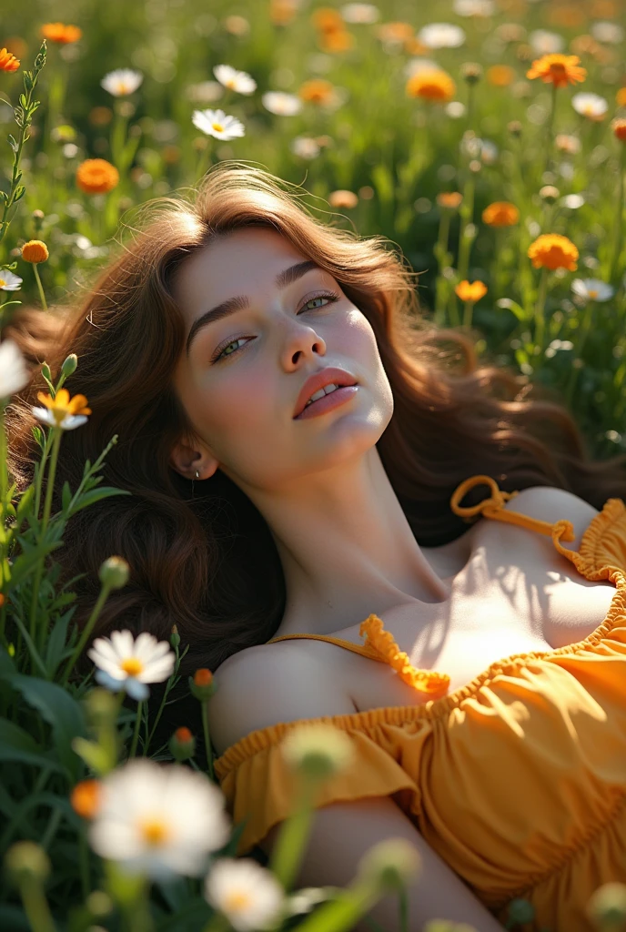a beautiful naked 25 year old girl , porcelain skin, long flowing hair, perfect hourglass figure, serene expression, sunlight filtering through leaves, laying in a flower meadow, vibrant colors, cinematic lighting, photorealistic, highly detailed, masterpiece