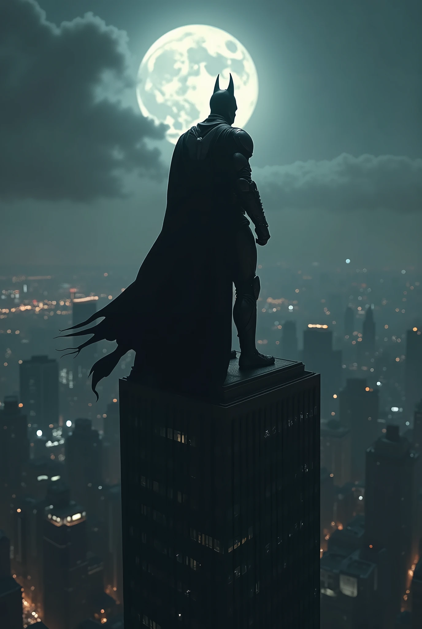 a dark knight, batman, superhero, city landscape, skyscraper, night scene, moonlight, dramatic lighting, moody atmosphere, cinematic composition, hyperrealistic, 8k, high quality, sharp focus, intricate details, dark color palette, muted tones, dramatic shadows, photorealistic, digital art, concept art