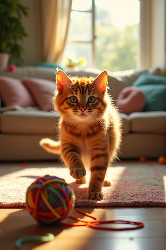 A mischievous cat named, Whiskers rolling the yarn home, looking proud.