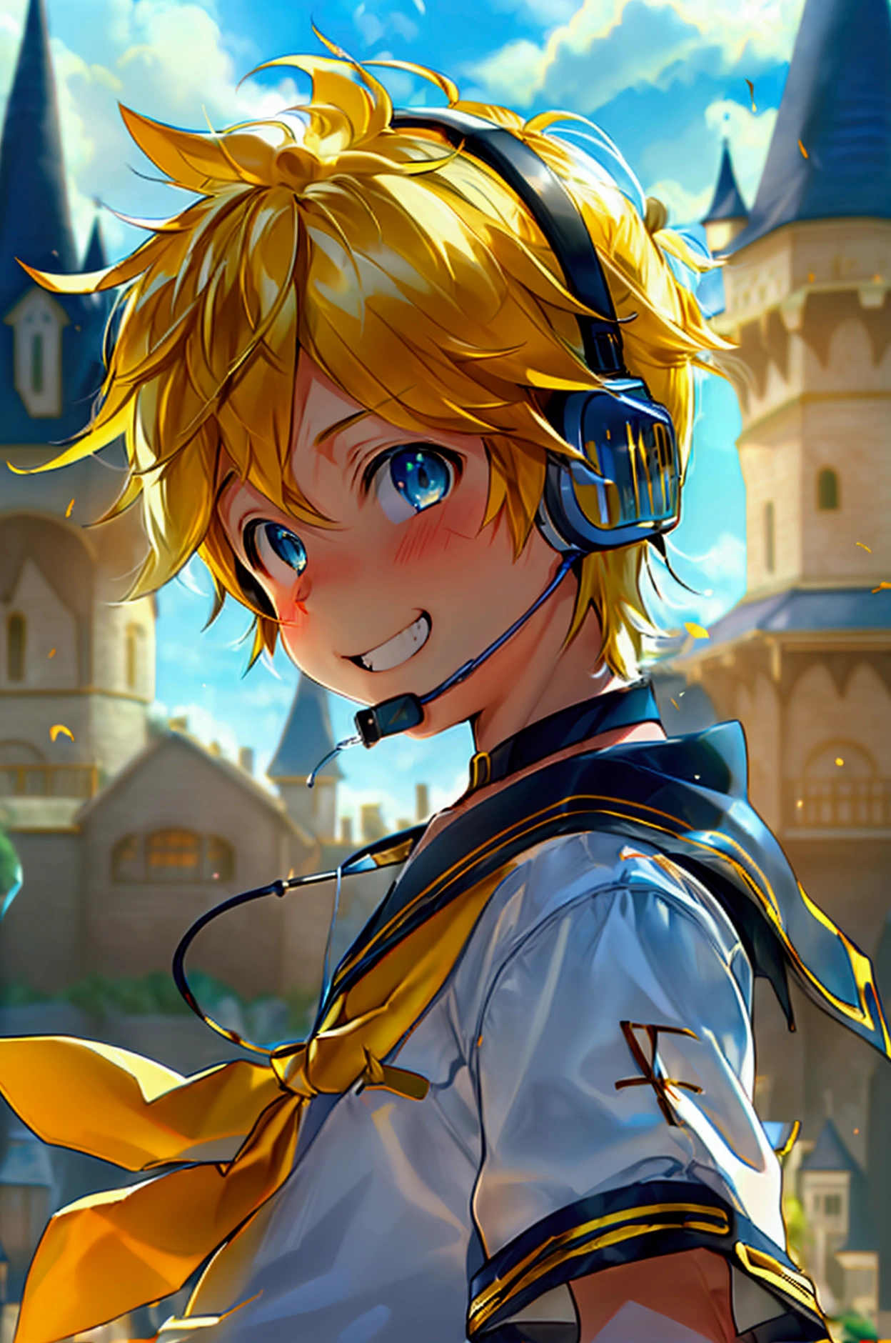 1 boy, (male child), 10 year old, (Kagamine Len), cowboy shot, earphone, sailor uniform, collar tie, shorts, grin, happily grin, full-face blushed, fantasy castle background