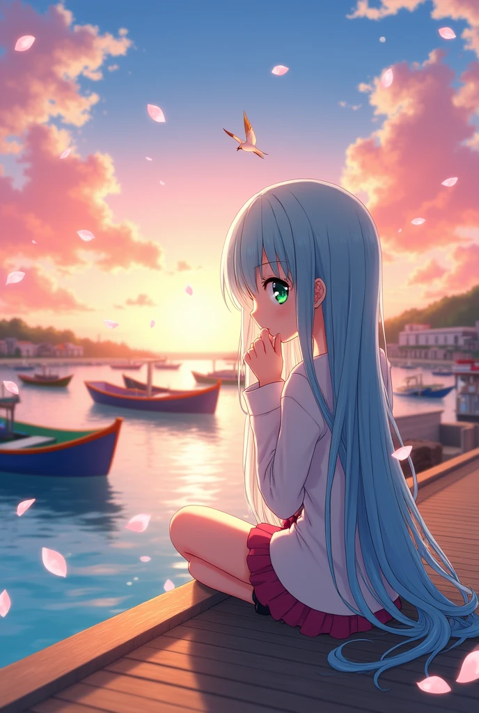 Anime girl thinking with a harbor background 
