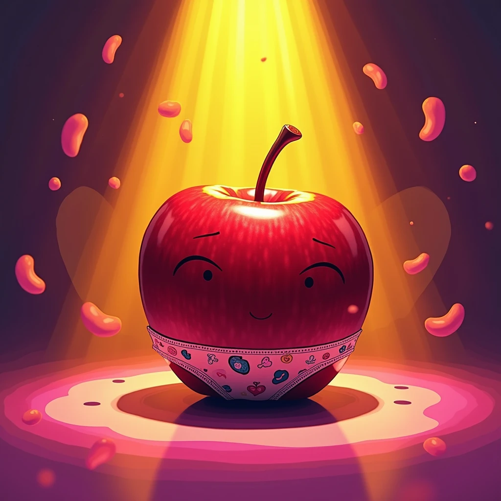 an apple with underwear, Intense neo dark yellow and purple background