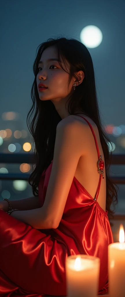 (32K:1.9, Highest quality, masterpiece, Ultra-high resolution), Professional camera work:1.6, Very detailedな肌と顔の質感:1.3, attractive肖像画:1.3, Very accurate, Very detailed, 1 adult Japanese female, ((Amazing night view from the rooftop, The moonlight at night illuminates my body)), (Satin Red Nightgown:0.5), Incredibly slim body, Fair skin, elegant, Expressions of sadness, (Big eyes that exude beautiful eroticism:0.8, Sad expression:1.0, I love you with all my heart:0.8, Open your mouth a little, lipstick, Feel the beautiful eroticism:0.8), (Wet dark brown medium length hair), Candles, Mid-chest, Earrings, necklace, bracelet, Sensual sitting position, (romantic, dramatic, mysterious), Object of admiration, format, artistic, Innovative, attractive, Stimulate the, Extreme, Tilt, ((Adult charm, Feminine charm, Hair blowing in the wind))