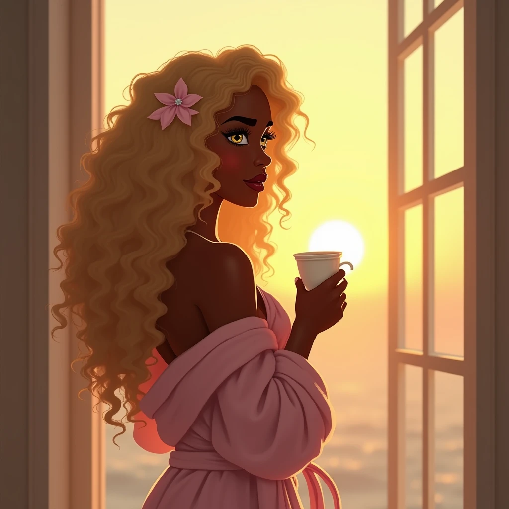 She's from the back, Very blond Curly hair blond, Toffee color skin, beautiful caribean toffee mixed girl with long blond curly hair and extremely detailled clear yellow eyes , sexy curvy full body, She looks through the large rectangular window at the sun rising on the horizon, she holds a white cup in her hand, She's from the back, She wears a pale pink bathrobe and has her hair tied with a pale pink clip.