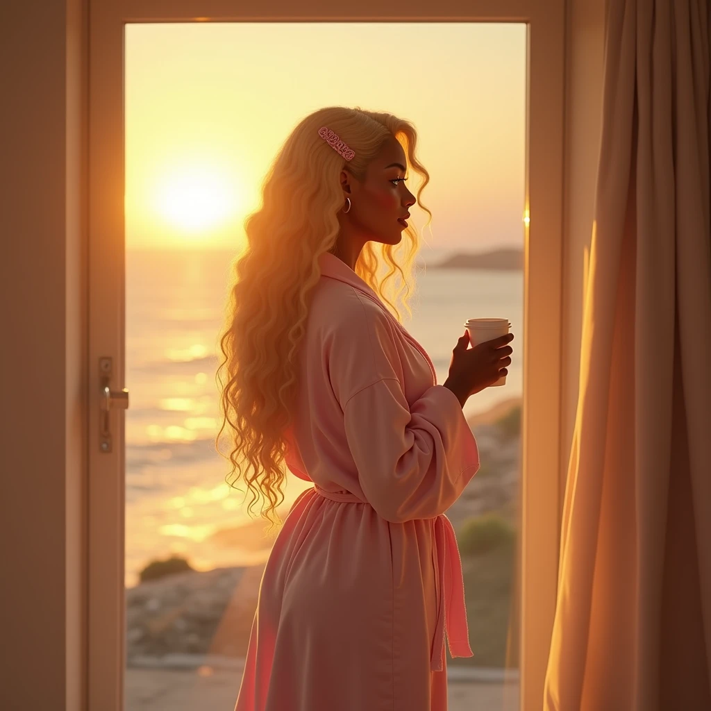 She's from the back, Very blond Curly hair blond, Toffee color skin, beautiful caribean toffee mixed girl with long blond curly hair and extremely detailled clear yellow eyes , y curvy full body, She looks through the large rectangular window at the sun rising on the horizon, she holds a white cup in her hand, She's from the back, She wears a pale pink bathrobe and has her hair tied with a pale pink clip.