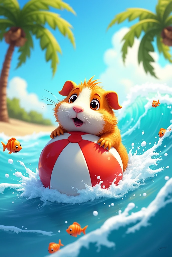 2D animated drawing of a guinea pig emerging from the sea, scared