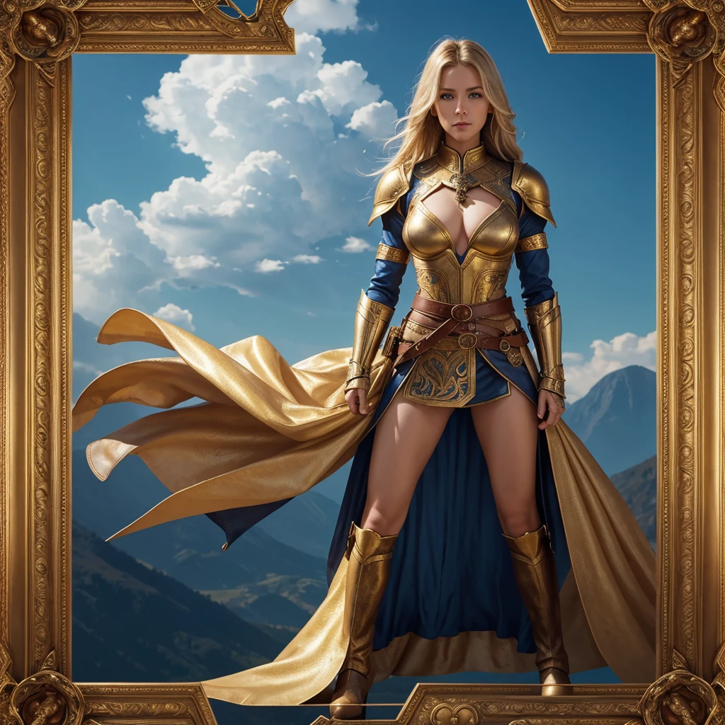 A full-body portrait of a young woman, with long, light blonde hair, framed by a white mantle adorned with golden details. She has intense blue eyes and wears a form-fitting blue armor with intricate engravings of leaves and flowers, and golden metal pieces covering her shoulders and arms. A dark brown leather belt with metallic buckles secures her armor at the waist. She wears brown leather boots, standing in a dynamic action pose. A cross-shaped pendant adorns her chest. The background features a blue sky with fluffy clouds, highlighting her majestic and noble appearance, visible from head to toe.