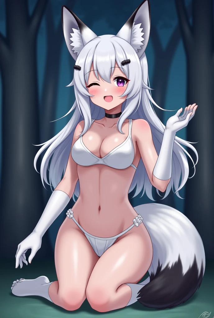 [One Fox Girl, Hot, Sexy Body, Blue and Red eyes, White short heart Underwear, Romantic, Smile, eyes slightly closed, White Hair, Big Wings, Two Black Horns, Long Hair, Big Fox Ears, Two black and White Big Fox Tails, Skinny, Perfect Boobs, Big Boobs, Adult, Tall, Happy, Big White Furr Collar, Abs, Legs apart, In Forest, Night, Sit or Standing, Silly, Blush, White Long Gloves Paws, White Long Socks Paws, no feet visible]