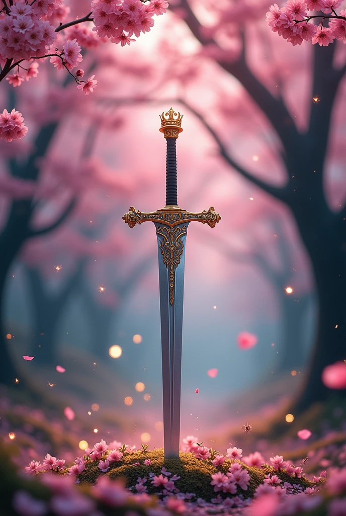 A cherry blossom forest with a sword stuck in the middle of the trees, and a crown on top of the sword, with fireflies in the background.