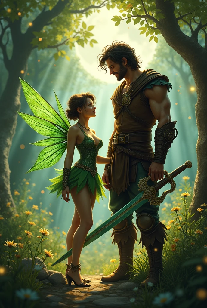  A fairy and a human leaning on their swords
