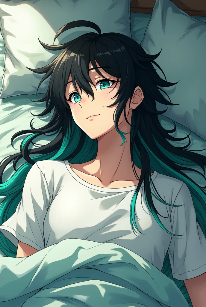 Muichiro Tokito, Kimetsu No Yaiba, MEN, long hair, black hair with mint tips, Mint color eyes, with thong, , on a messy bed, with legs spread, anime realist