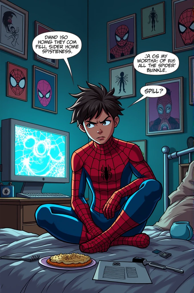 Create a comic book style image of the Spiderverse movie.  He's in his room, overwhelmed, because he feels incapable of being the new Spiderman.