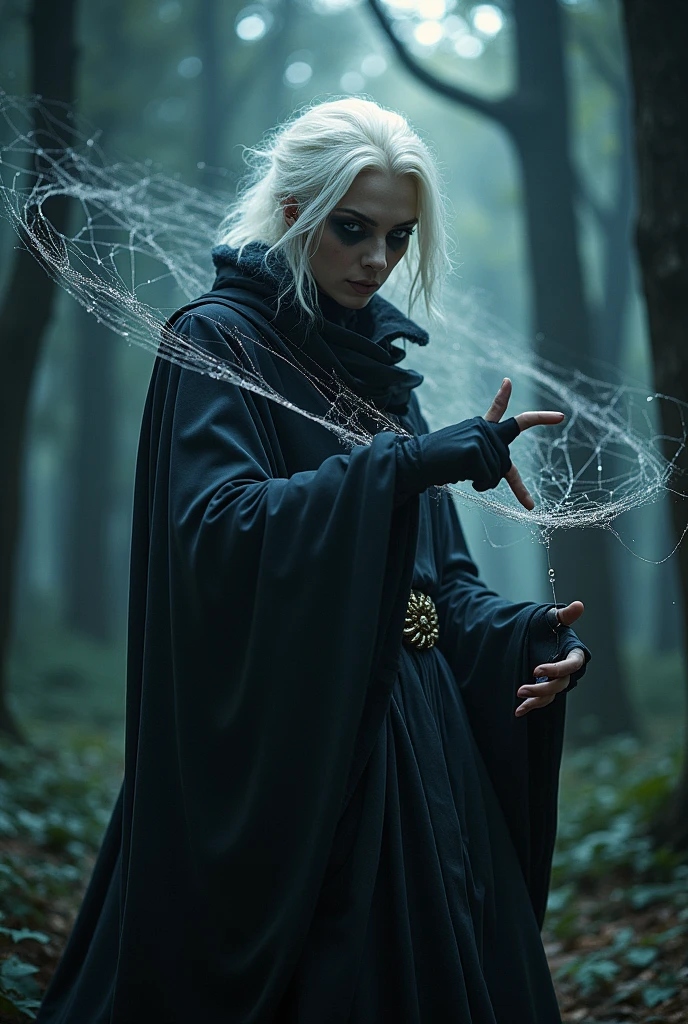 White hair, naughty man, half spider with webs in her hands, completely black eyes, long robe