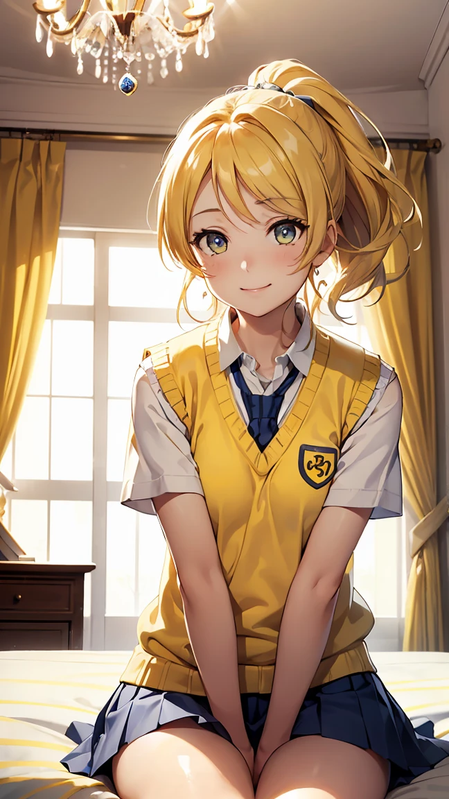 eli ayase, yellow hair, blue eyes, ponytail, hair ribbon,--otonokizaka school uniform, blue color pleated skirt, school uniform, short sleeves, skirt, summer uniform, sweater vest, (yellow sweater vest:1.5),----(8K, raw, highest quality, real 1.2), ultra high quality, high resolution, highest quality, perfect face, perfect limbs, perfect fingers, high resolution, (beautiful anime face, cute face, detailed face), smile of joy, smiling expression, sitting on bed, cowboy shot, miniature human hand, (((medium bust 1.3))), (((thin thighs 1.3))), ((white walls bedroom 1.5)), ((white framed bed 1.5)), ((white ceiling bedroom 1.5)), ((divine light 1.5)), pure white chalk interior, pure white marble interior, ((Pure white bedroom like a Western castle: 1.5)), ((Luxurious pure white canopy bed: 1.4)), ((Chandelier: 1.4))), ((Pure white bed 1.5)), ((Beautifully decorated bedroom 1.5)), perfect anatomy, perfect proportions, nice lighting, bright colors, clean lines, information, blurred, stunning facial expression, restless emotions, gorgeous and cute, beautiful face and eyes in every detail, (masterpiece) beautiful face, young and handsome girl, really perfect skin, blurred, stunning facial expression, restless emotions, gorgeous and cute, beautiful face and eyes in every detail, (Audrey Hepburn), (cute), (J-POP idol), (thighs, (depth of field), (depth of field), soft light, glittering lens gaze, (droopy eyes), straight teeth, shy smile, flowing hair, a scene from Blake's movie,