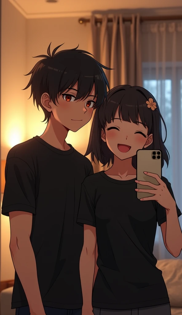 Create an image of a thin (both) 21-year-old anime boy and his 21-year-old sister taking a mirror selfie together. The boy, dressed in a modern plane (without text) black shirt, stands confidently beside his sister, who is wearing a black t-shirt (without text) with a playful and cheerful expression. They are both facing the mirror, with the sister 'holding' the 'phone' to capture the moment. The background is a stylish, well-lit room, reflecting their close sibling bond and the fun, relaxed atmosphere of the scene.