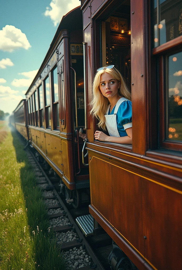 The train is running and the electrons are moving inside the train
Alice from Wonderland looking