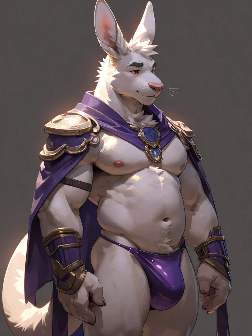Solo, male, albino kangaroo, in one color tone, with tall rabbit ears, in purple gladiator shoulder cape, navel showing, in tiny purple gladiator leather thong, chest, big chest view, ((focus body, furry focus, shades focus, body shades)) (((gray background, gray wallpaper, one color))), by darkgem, by mystikfox61, by glitter trap boy, albino, all white fur, red eyes, pink nose, navel, bulge, full body view, kangaroo tail, small belly