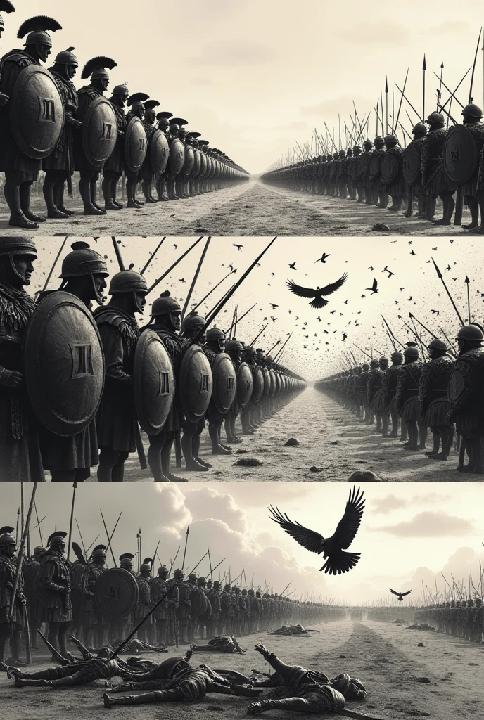 depicts 3 images about the battle of 500 using a style like a black and white tattoo. Preparation and Deployment: The first image may show the Spartans and Persians preparing for battle. The Spartans on the right side in front of an inlet, with their traditional armor and shields with the lambda symbol (L), They are in phalanx formation and the Persians on the left in an open space, with their distinctive costumes and bows, both are on the sides ready and determined. Violent Clash: The second image should capture the intensity of the battle. The Spartans are closed and stationary in a phalanx, while the Persians try to break through their formation. Details may include spears, swords and shields in action, with a dynamic energy that shows the furious struggle. This scene emphasizes the heroism and courage of the Spartans as they face the Persian invasion. Victory and Consequences: The third image may represent the dead,vultures and calm on the battlefield