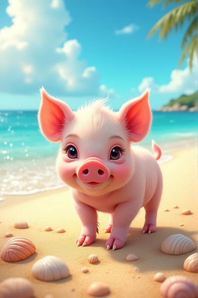 An adorable pig on the beach, realistic