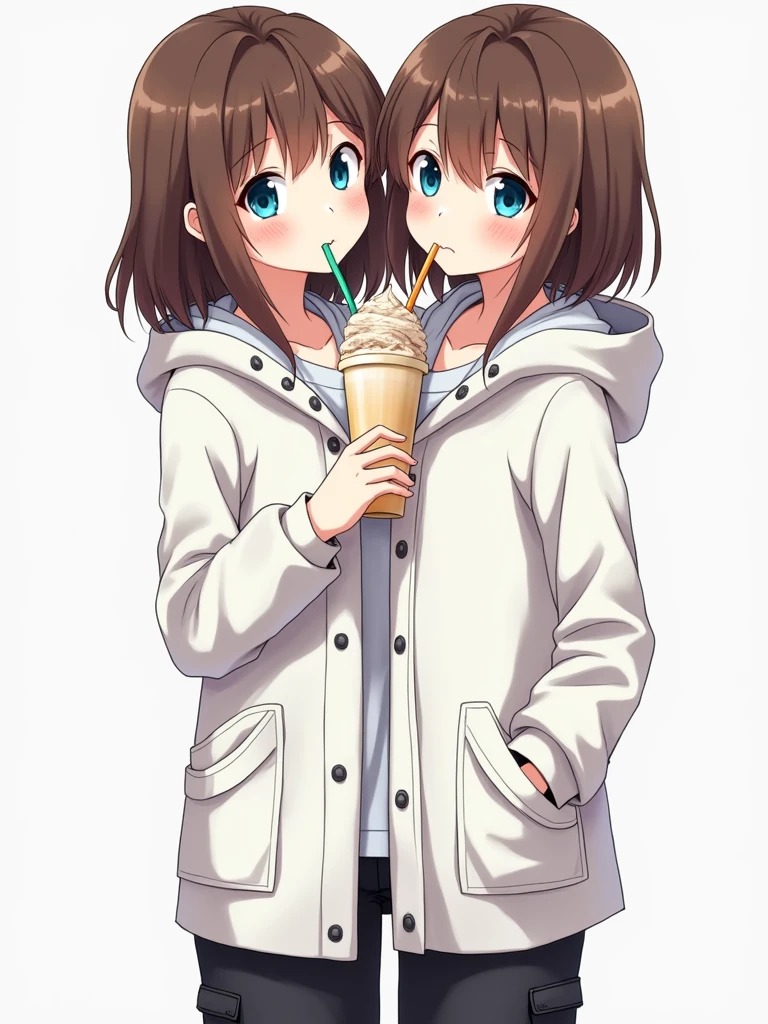 Anime picture of a young woman with two heads and necks on her shoulders, each head with brown hair and blue eyes. The right head has shoulder-length hair and is drinking a milkshake through a straw. The left head has waist-length hair and is looking straight at the viewer and smiling. Both necks are side by side with a u-shaped pit between them. The woman is wearing a white raincoat with slight cleavage and black cargo pants and is holding the aforementioned milkshake in her right hand, letting the right head drink it. The left hand is on the woman's raincoat left pocket