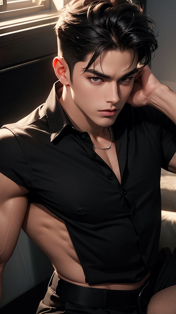 a muscular handsome man, extremely detailed face, perfect face, perfect body, short hairstyle, looking at viewer romantically, black shirt, open buttons, black pants, ruby necklace, sexy look, smooth skin, folded collar shirt,