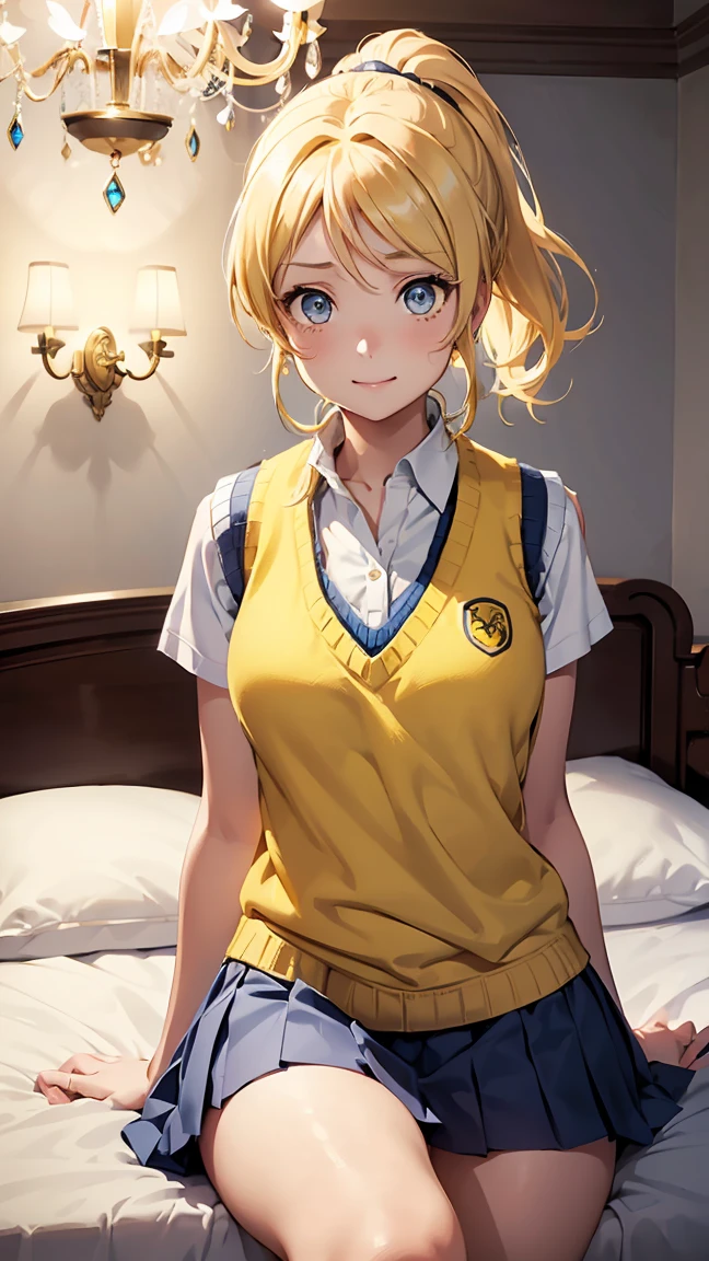 eli ayase, yellow hair, blue eyes, ponytail, hair ribbon,--otonokizaka school uniform, blue color pleated skirt, school uniform, short sleeves, skirt, summer uniform, sweater vest, (yellow sweater vest:1.5),---- (8K, Raw, Best quality, Real 1.2), Ultra high quality, High resolution, Best quality, Perfect face, Perfect limbs, Perfect fingers, High resolution, (Beautiful anime face, Cute face, detailed face), (bewildered: 1.3), (embarrassed: 1.3), (slightly surprised expression: 1.3), sitting on bed, cowboy shot, miniature human hand, (((medium bust 1.3))), (((thin thighs 1.3))), ((white walled bedroom 1.5)), ((white framed bed 1.5)), ((white ceilinged bedroom 1.5)), ((divine light 1.5)), pure white chalk interior, pure white marble interior, ((pure white bedroom like a western castle: 1.5)), ((Luxurious pure white canopy bed: 1.4)), ((Chandelier: 1.4))), ((Pure white bed 1.5)), ((Beautifully decorated bedroom 1.5)), Perfect anatomy, Perfect proportions, Nice lighting, Bright colors, Clean lines, Information, Blurred, Stunning facial expression, Restless emotions, Gorgeous and cute, Beautiful face and eyes in every detail, (Masterpiece) Beautiful face, Young and handsome girl, Really perfect skin, Blurred, Stunning facial expression, Restless emotions, Gorgeous and cute, Beautiful face and eyes in every detail, (Audrey Hepburn), (Cute), (J-POP idol), (Thighs, (Depth of field), (Depth of field), Soft light, Sparkling lens gaze, (Droopy eyes), Straight teeth, Shy smile, Flowing hair, A scene from Blake's movie,