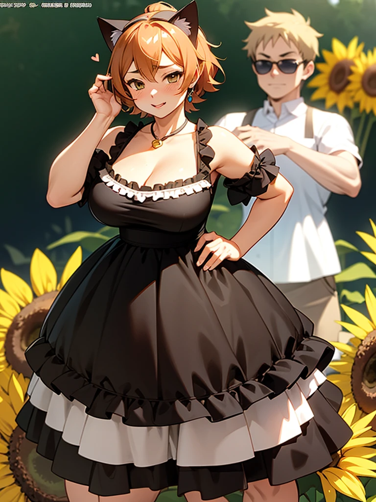Kōsuke Fujishima style , Anime magazine pinup , clothed , cat woman , wide hip , thick body , round face , summer dress , Sunflowers are blooming , heart is beating fast with anticipation