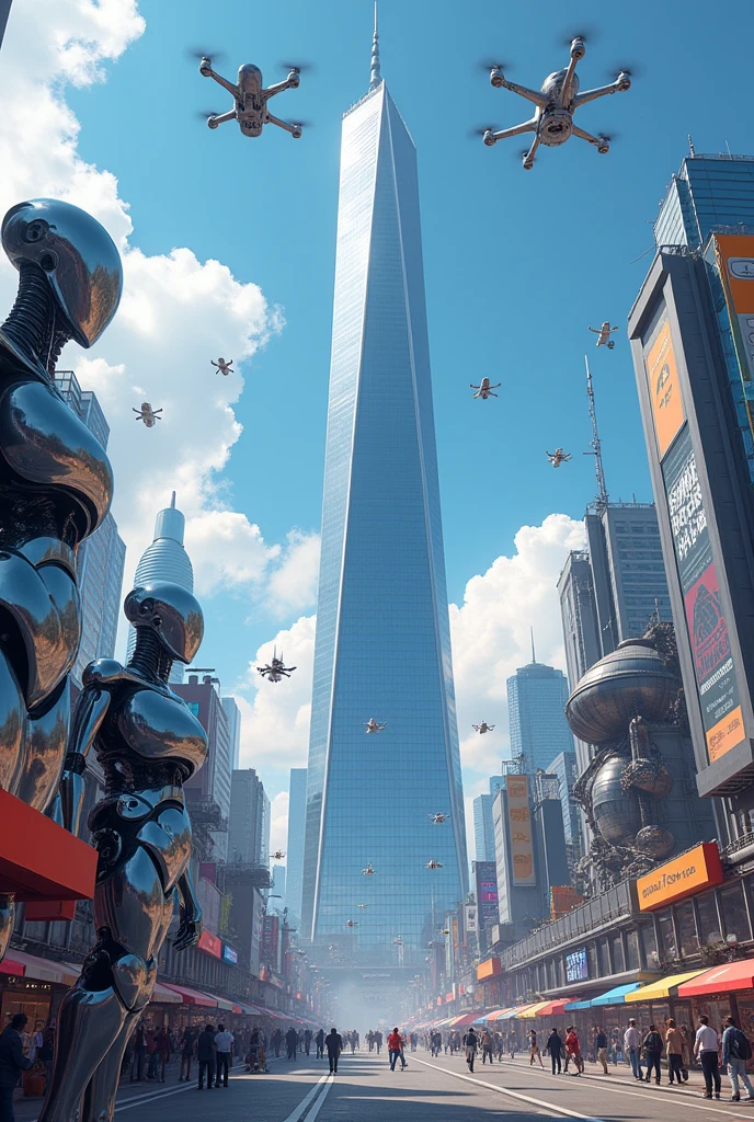 Create an image of a tower surrounded by robots