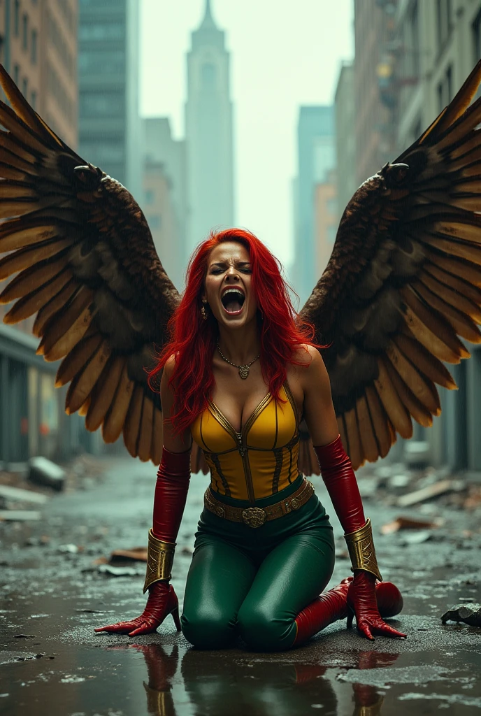 Adriana Lima under the mantle of the Thanagarian warrior Shayera Holl alias Hawkgirl on her knees screaming exhausted after a battle blood around her in an apocalyptic and rainy city long red hair with huge brown falcon wings protruding from her back and a yellow corset and red sleeves on her forearms with green pants and red and gold boots Justice League DC universe bloody and terrifying images