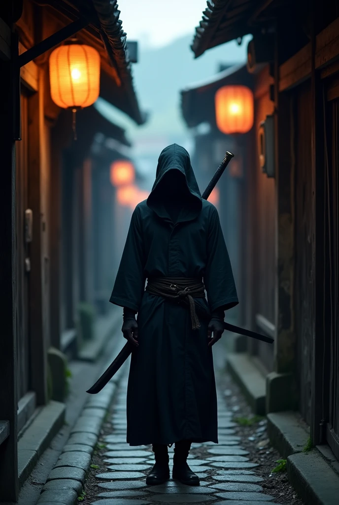 Ninja, in the shadows, sword in his back, empty hands, all black, in a old japan alley