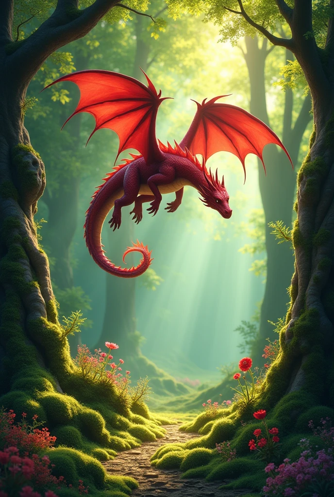 Enchanted forest with a red dragon
