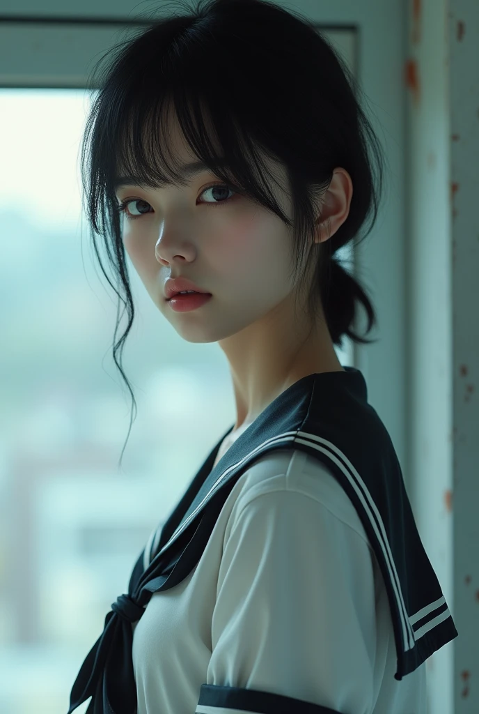 Realistic glowing skin, (sweating:1.4),Stand backwards,Look back at your face,Always look at the camera, (When the uniform gets wet with sweat, it becomes transparent..:1.4),
Classic black and white sailor uniform,Summer clothes,Cold look,Cold Stare,Black Hair,short hair,Tie your hair short,Silky translucent white skin,best Realistic depiction,(Very detailed美しい顔), Great face and eyes, (Highest quality:1.4), (Very detailedな), (Very detailed CG 統合 8k 壁紙), Very detailed, High resolution raw color photos, Professional photography, Realistic portrait,
 (Detailed RAW photos of the girl&#39;s whole body), Canon EOS R5 250mm, Sharp focus, Cinema Lighting,  (No makeup:1.2), Fine skin, Delicate collarbone,Fine texture of the sailor uniform,Very Realistic sailor uniform texture,(Ultra-high resolution:1.6), (Realistic:1.6), 