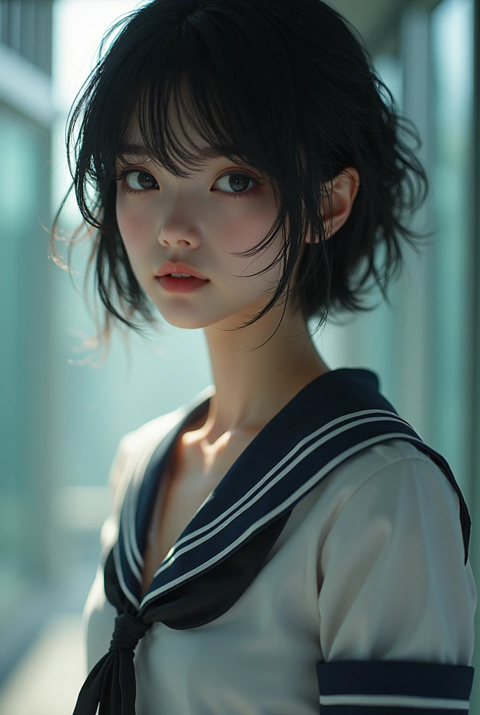 Realistic glowing skin, (sweating:1.4),Stand backwards,Look back at your face,Always look at the camera, (When the uniform gets wet with sweat, it becomes transparent..:1.4),
Classic black and white sailor uniform,Summer clothes,Cold look,Cold Stare,Black Hair,short hair,Tie your hair short,Silky translucent white skin,best Realistic depiction,(Very detailed美しい顔), Great face and eyes, (Highest quality:1.4), (Very detailedな), (Very detailed CG 統合 8k 壁紙), Very detailed, High resolution raw color photos, Professional photography, Realistic portrait,
 (Detailed RAW photos of the girl&#39;s whole body), Canon EOS R5 250mm, Sharp focus, Cinema Lighting,  (No makeup:1.2), Fine skin, Delicate collarbone,Fine texture of the sailor uniform,Very Realistic sailor uniform texture,(Ultra-high resolution:1.6), (Realistic:1.6), 