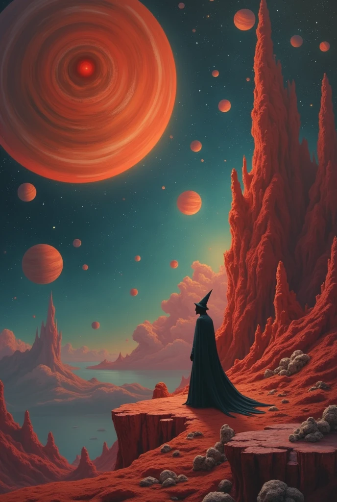 mythological galaxy planets, author：zislaw Beksinski和Van Gogh, album covers, dark, surrealism, Futuristic , eyes, coral, wizard, abstracted, Dark, Red, faded, landscape