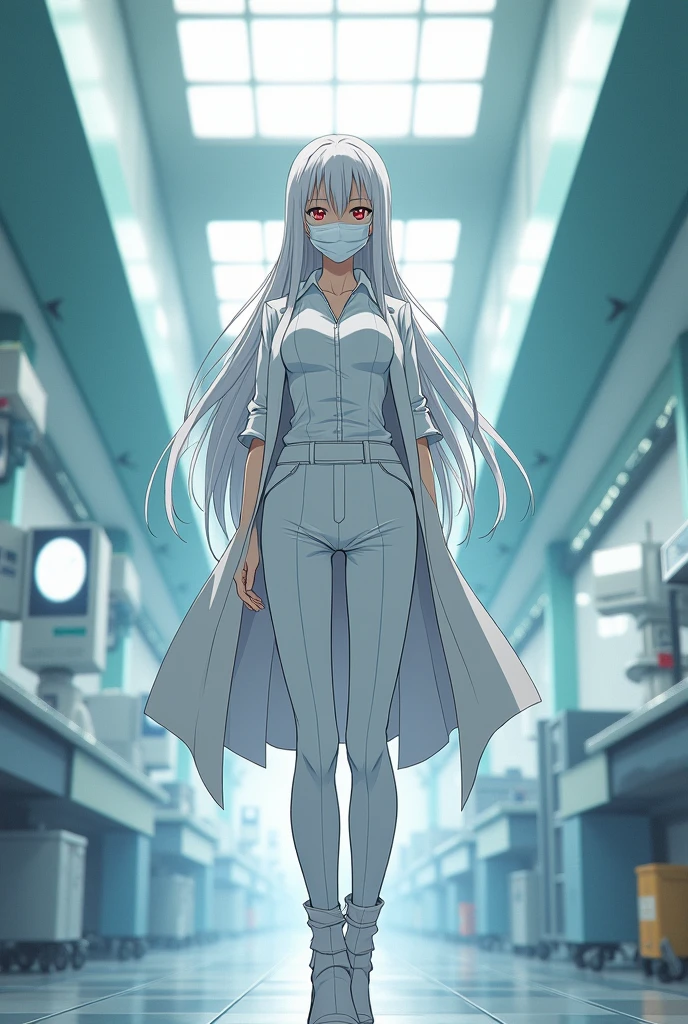 Sora is a tall woman, De pele clara, red eyes and long white hair that reaches mid-thigh. She wears a white blouse, White coat, white pants and white boots. She stands with a grim expression in a nursing station at a hospital., well she's a nurse and she's wearing a mask. anime-style artwork