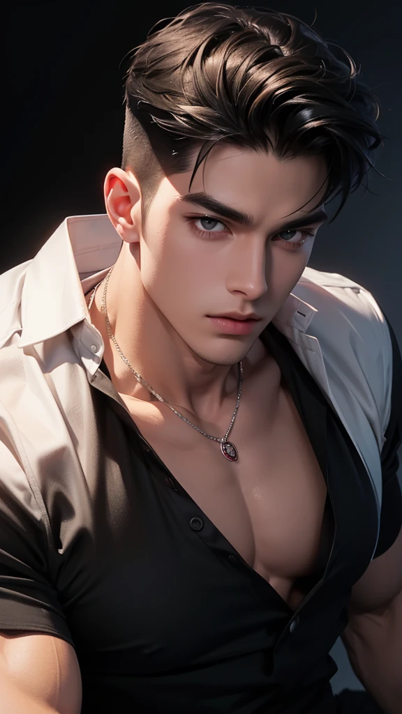 a muscular handsome man, extremely detailed face, perfect face, perfect body, short hairstyle, looking at viewer romantically, black shirt, open buttons, black pants, ruby necklace, sexy look, smooth skin, folded collar shirt,