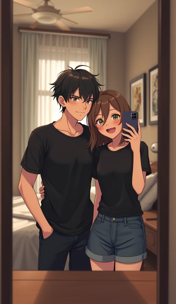 Create an image of a thin (both) 21-year-old anime boy and his 21-year-old sister taking a mirror selfie together. The boy, dressed in a modern plane (without text) black shirt, stands confidently and playful beside his sister, who is wearing a black t-shirt (without text) with a playful and cheerful expression. They are both facing the mirror, with the sister 'holding' the 'phone' to capture the moment. The background is a stylish, well-lit room, reflecting their close sibling bond and the fun, relaxed atmosphere of the scene.