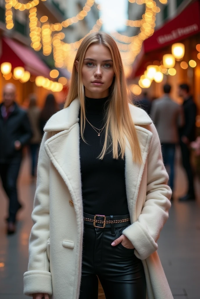An 18-year-old Brazilian girl stands on a street lit up with Christmas lights and fancy restaurants, she is wearing a white wool coat and a black shirt underneath the coat, she is also wearing black leggings and high boots, she wears jewelry on her neck and fingers. She is blonde with long straight hair, has a pretty face, green eyes, a thin nose, makeup. Photorealistic, high image quality.