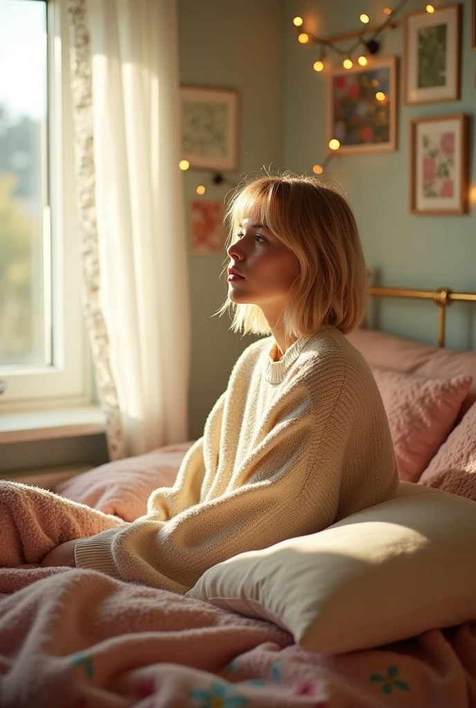 Realistic photo of a 19-year-old blonde model in her bedroom. She's wearing a sweater. She's sitting up in bed.