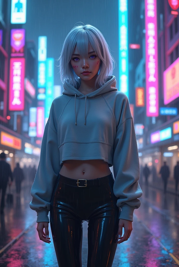Young adult Asian woman with shoulder-length white hair, violet eyes, scar on the face on his cheek and nose. annoyed. She wears a gray hoodie and black leggings, cyberpunk style