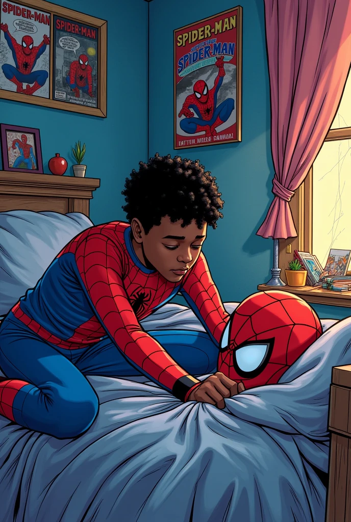 Create a comic book style image of the Spiderverse movie.  He's in his room, wearing pajamas, lying on the corner of his bed, overwhelmed., because he feels incapable of being the new Spiderman.