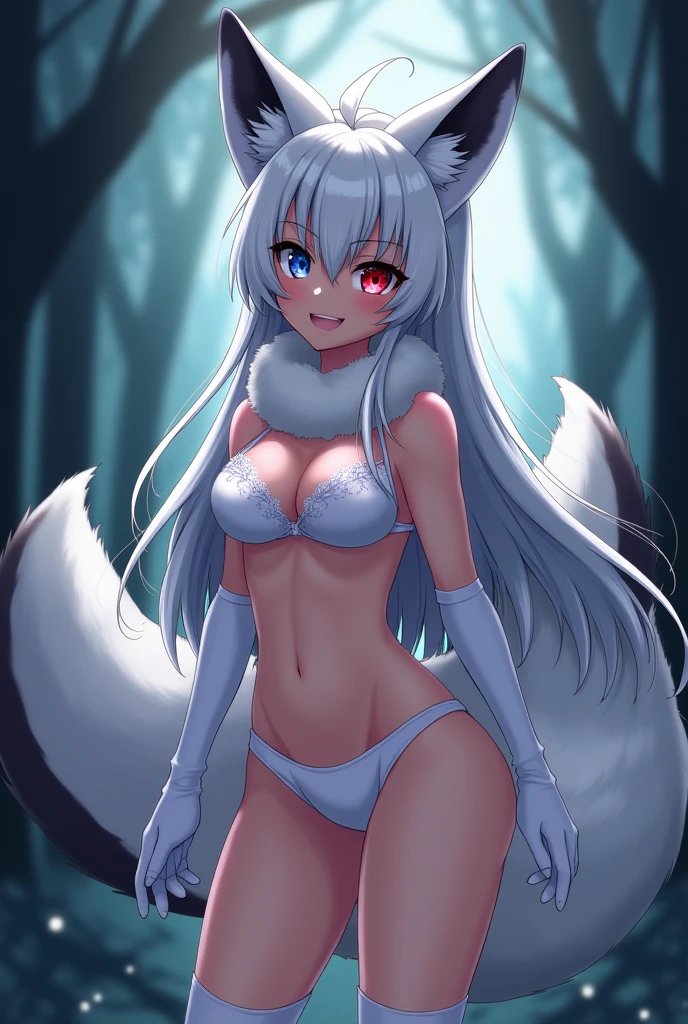 [One Fox Girl, Hot, Sexy Body, Blue and Red eyes, White short heart Underwear, Romantic, Smile, eyes slightly closed, White Hair, Big Wings, Two Black Horns, Long Hair, Big Fox Ears, Two black and White Big Fox Tails, Skinny, Perfect Boobs, Big Boobs, Adult, Tall, Happy, Big White Furr Collar, Abs, Legs apart, In Forest, Night, Standing, Silly, Blush, White Long Gloves Paws, White Long Socks Paws, no feet visible]