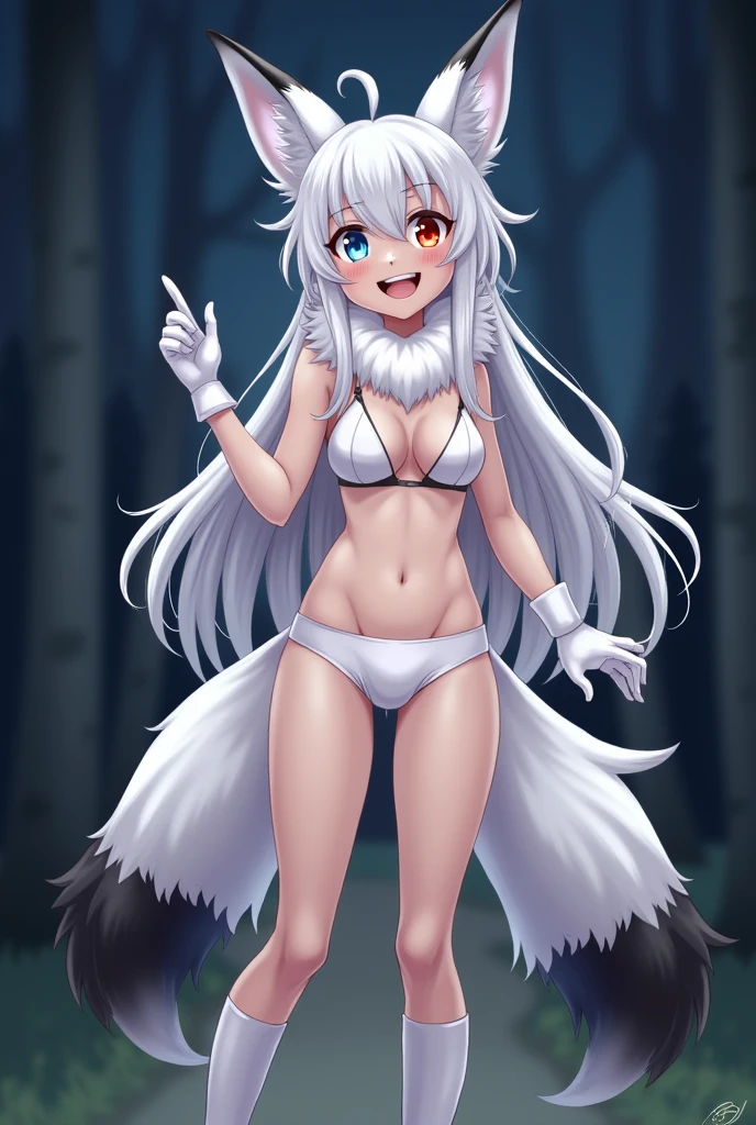 [One Fox Girl, Hot, y Body, Blue and Red eyes, White short heart Underwear, Romantic, Smile, eyes slightly closed, White Hair, Big Wings, Two Black Horns, Long Hair, Big Fox Ears, Two black and White Big Fox Tails, Skinny, Perfect Booig Boobs, A Tall, Happy, Big White Furr Collar, Abs, Legs apart, In Forest, Night, Standing, Silly, Blush, White Long Gloves Paws, White Long Socks Paws, no feet visible]
