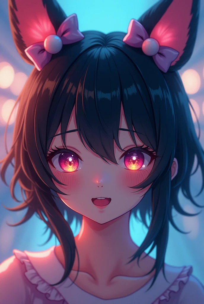 black hair, hair bobbles, wince, longeyelashes, solid circle eyes, fake animal ears, light smile, ear blush, fang, ccurate, Surrealism, drop shadow, anaglyph, stereogram, tachi-e, pov, atmospheric perspective, 8k, super detail, best quality