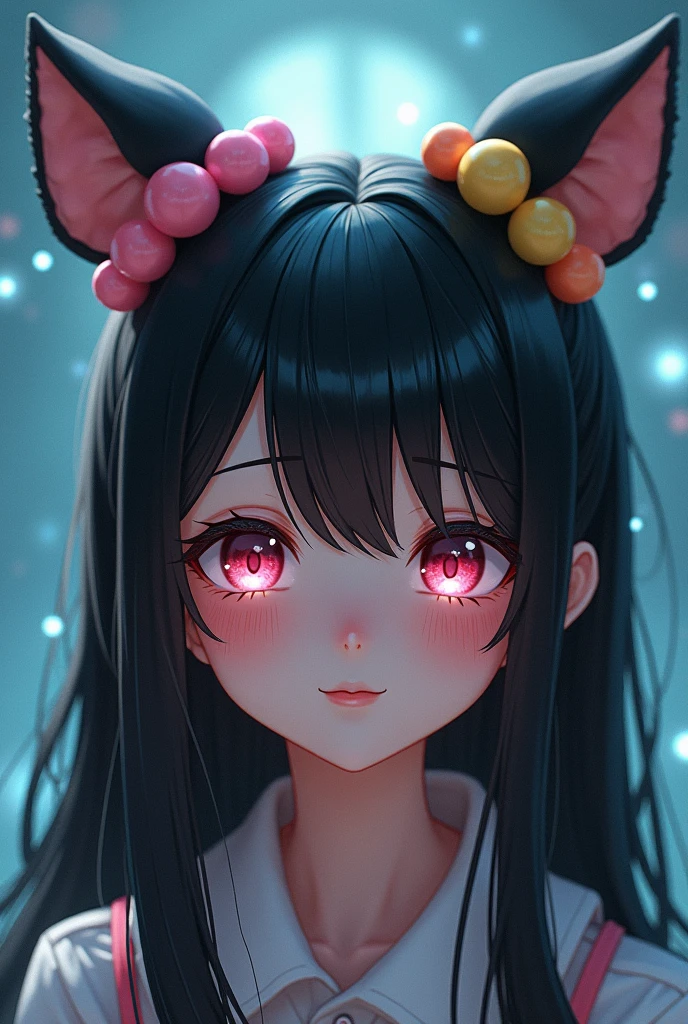 black hair, hair bobbles, wince, longeyelashes, solid circle eyes, fake animal ears, light smile, ear blush, fang, ccurate, Surrealism, drop shadow, anaglyph, stereogram, tachi-e, pov, atmospheric perspective, 8k, super detail, best quality