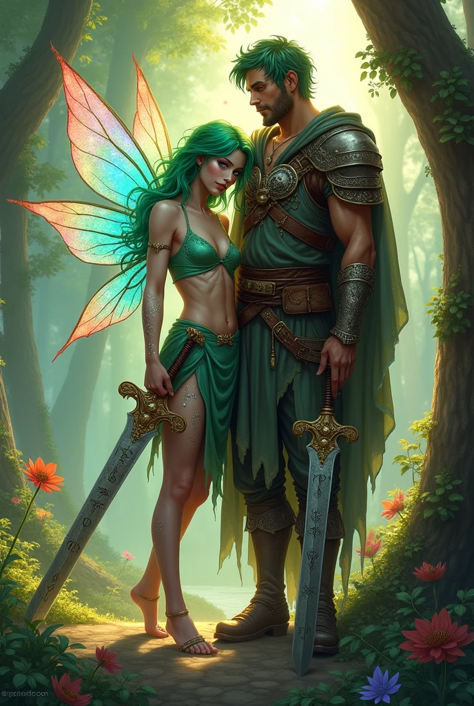  A fairy man and a human leaning on their swords
