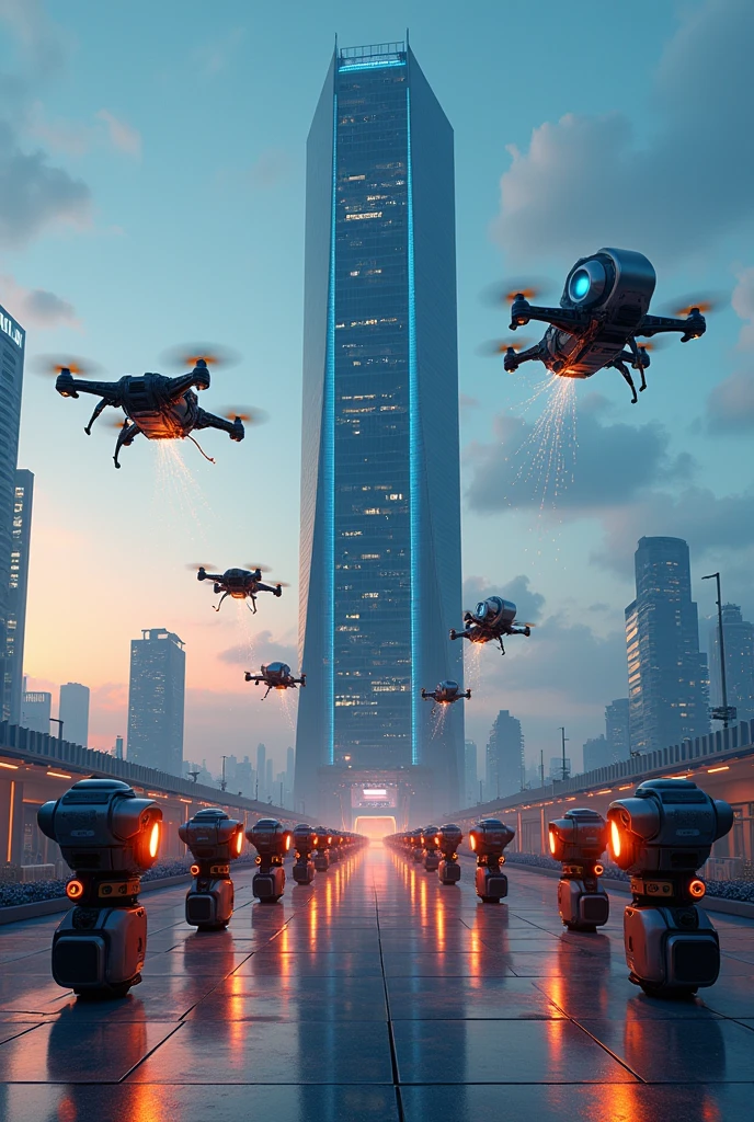 Create an image of a tower surrounded by robots