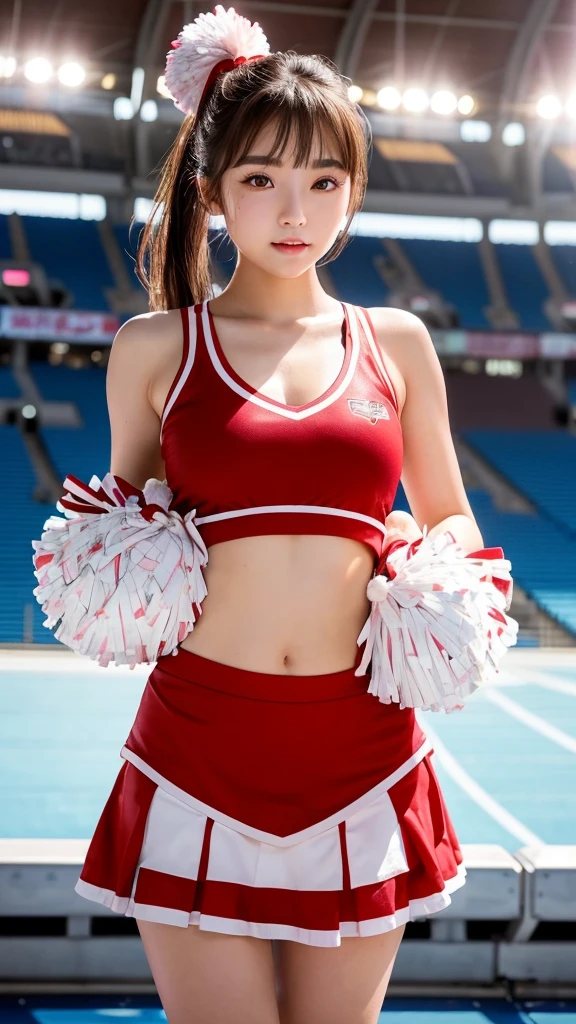 Product quality,1 person,Cowboy Shot,Front view,Thigh Emphasis,(Knee-deep shots:1.3),Young and beautiful Japan,Cute type,18-year-old,笑face, height:152 cm,Red Cheerleader,(Holding big pom-poms in both hands:1.5),笑face,(笑face:1.15)cheer leading,Cheerleader uniform,Micro Mini Skirt,No underwear,((Very delicate and beautiful)),((Stadium Background:1.2)),(Asian woman),((Small Head,face:0.4))超かわいいface,,Glossy Lips,((Big eyes)),Beautiful Eyes,Double eyelids are clearly visible on both eyes.,(Natural Makeup),Brown eyes,Small and cute nose,shiny smooth light brown long hair,,,,Asymmetrical bangs,Center image,8k resolution,Attention to detail,Detailed hairstyle,詳細なface,Cinema Lighting,Octane Rendering,Ultra-realistic,Perfect limbs,Voluptuous thighs,Plump body,Huge breasts,(Expresses the roundness and softness of the chest area............1),(Perfect figure),(Perfect Anatomy),Soft Skin,(Glowing Skin, Sweaty: 1.3),((cheer dance pose:1.5))