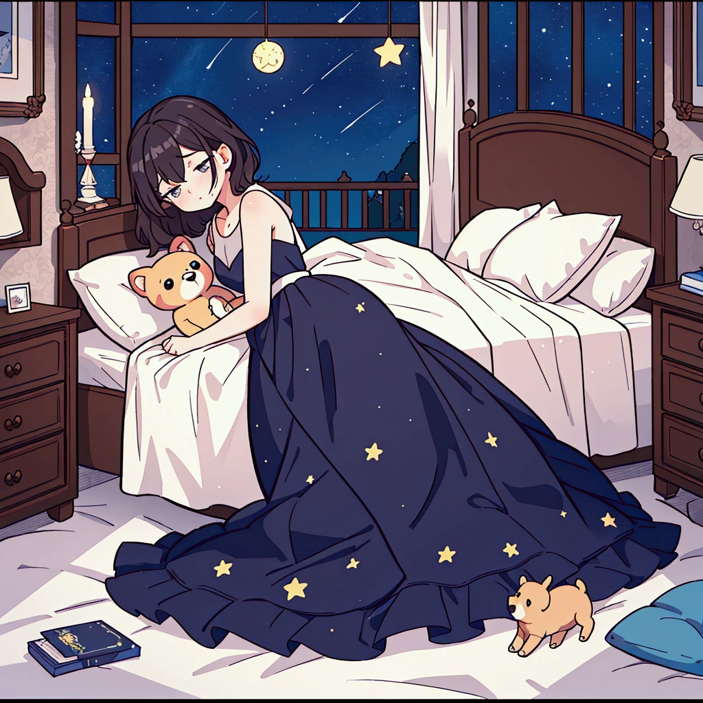 (masterpiece, best quality),1 woman,letterboxed,chapped lips,A neat and tidy woman's room,The stand light is on,Stars in the night sky,Lying face down on the bed, looking exhausted,There is a puppy lying under the bed.,